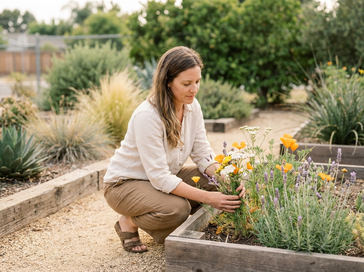 Femme arrangeant des fleurs sauvages dans un jardin serein
