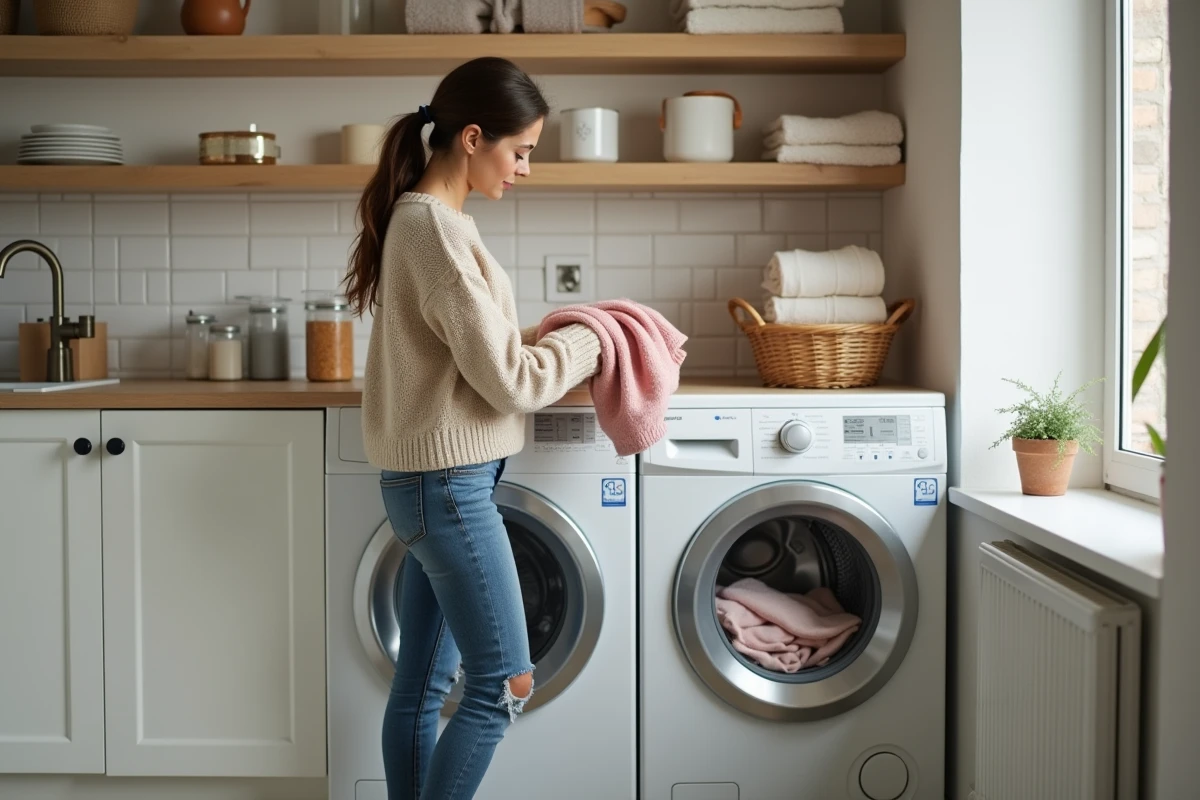 Femme chargant une machine à laver moderne dans une buanderie lumineuse
