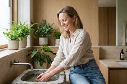 Femme dans une salle de bain moderne lavant ses mains dans un lavabo en pierre