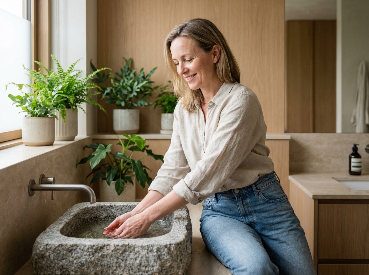 Femme dans une salle de bain moderne lavant ses mains dans un lavabo en pierre