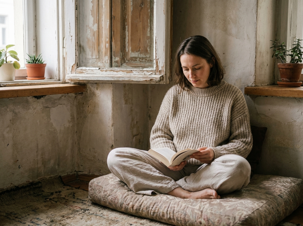Femme lisant sur un appui de fenêtre en bois ancien dans un appartement au style rustique