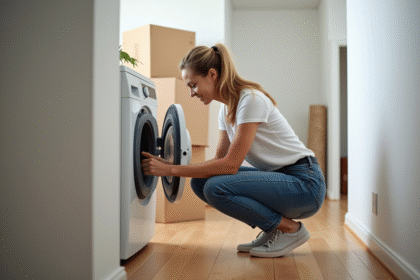 Femme en jeans et t-shirt dévissant un tuyau de lave-linge
