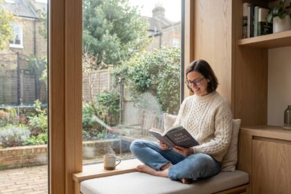 Femme lisant dans un salon moderne et cosy