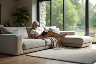 Femme lisant un livre dans un salon moderne et spacieux