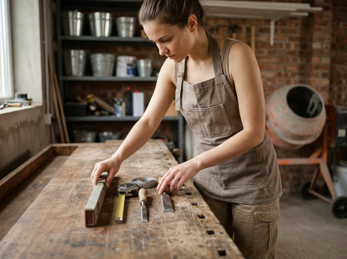 Jeune femme assembleant des outils de maçonnerie dans un atelier