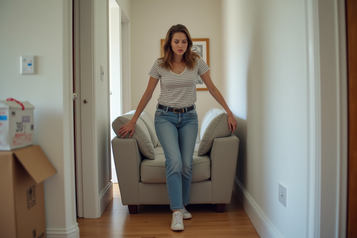 Jeune femme déplaçant un canapé dans un couloir étroit