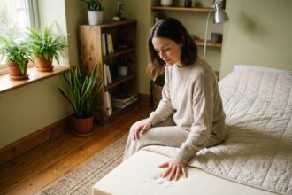 Femme en loungewear touche un matelas latex naturel