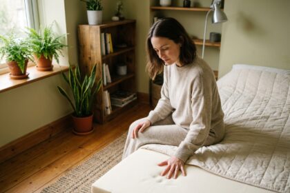 Femme en loungewear touche un matelas latex naturel