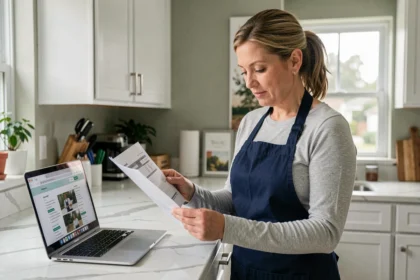 Femme de ménage consultant un document administratif Urssaf dans une cuisine moderne