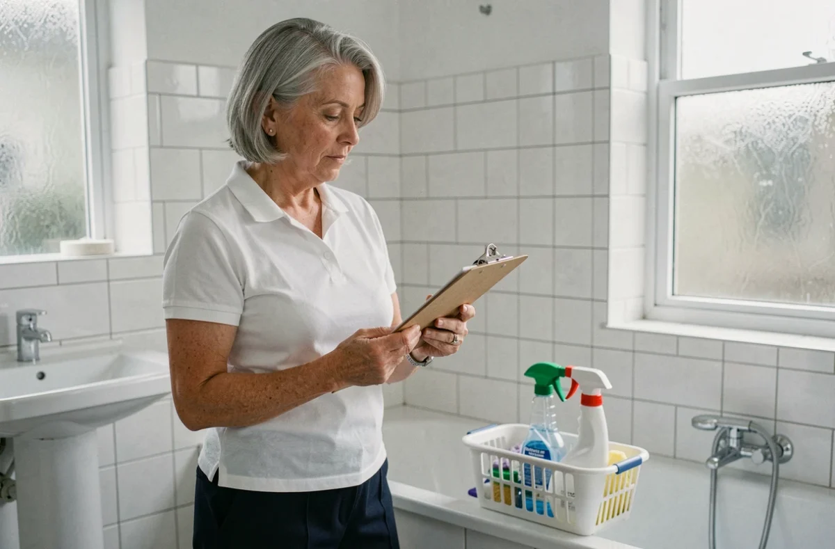 Femme de ménage expérimentée vérifiant une liste de tâches dans une salle de bain propre avec produits ménagers