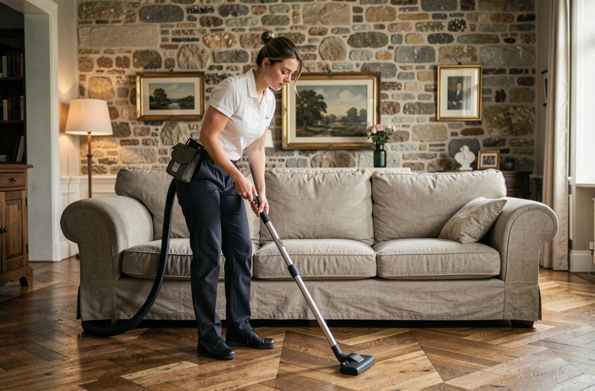 Professionnelle de ménage passant l'aspirateur dans un salon au parquet en bois à Dijon