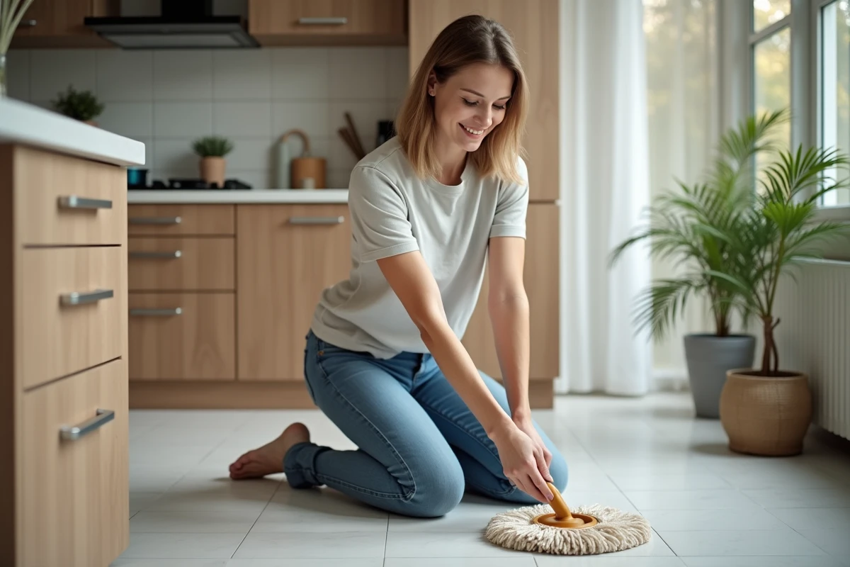 Femme en jeans nettoyant la cuisine avec un balai