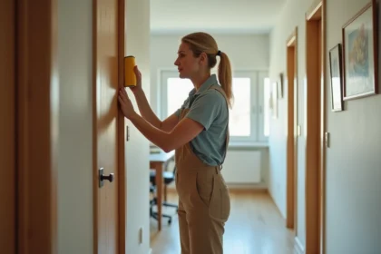 Femme d'âge moyen nettoyant une porte en bois avec une éponge