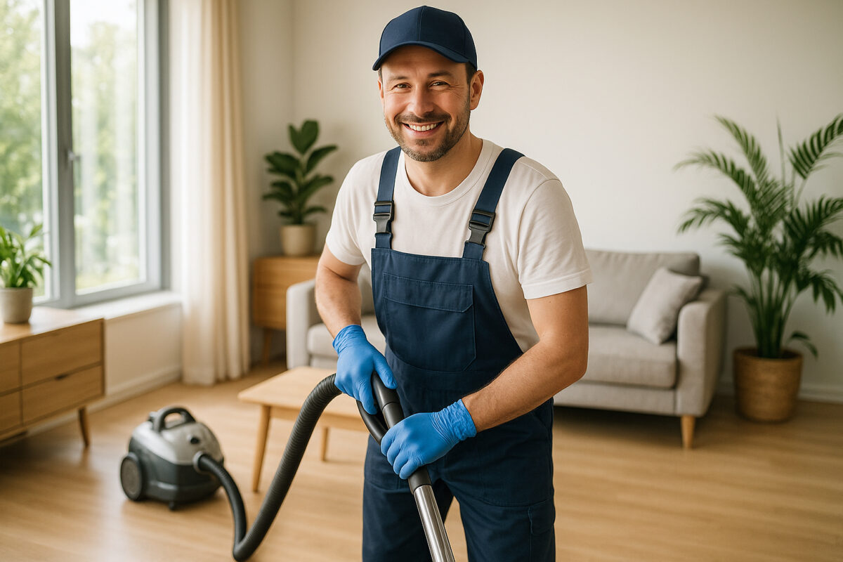 Photo hyperrealiste d'une femme de nettoyage souriante dans un salon lumineux