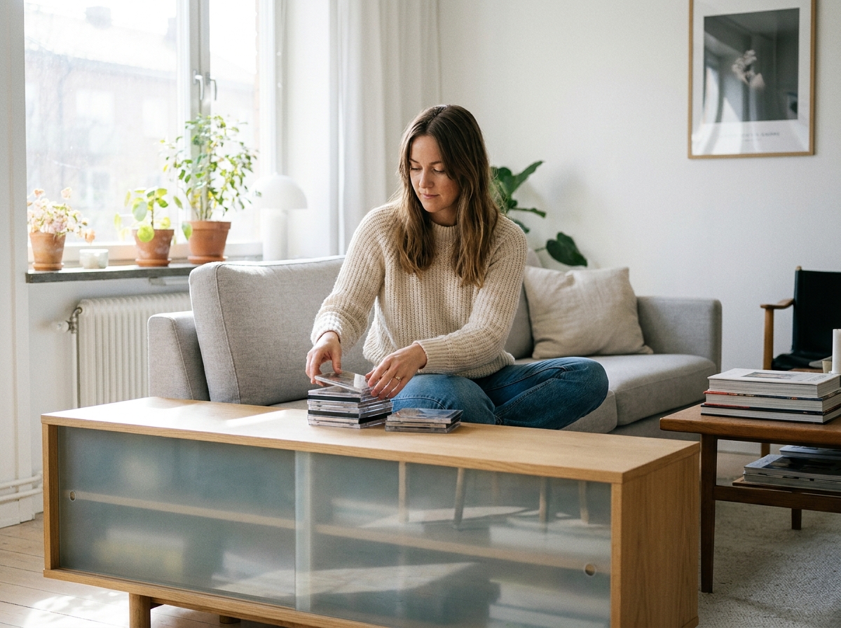 Femme arrangeant des CDs dans un meuble scandinave lumineux