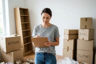 Femme organisant un déménagement longue distance avec une liste de contrôle dans un salon rempli de cartons