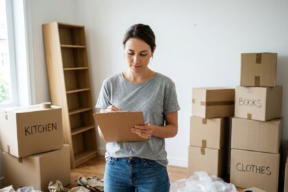 Femme organisant un déménagement longue distance avec une liste de contrôle dans un salon rempli de cartons
