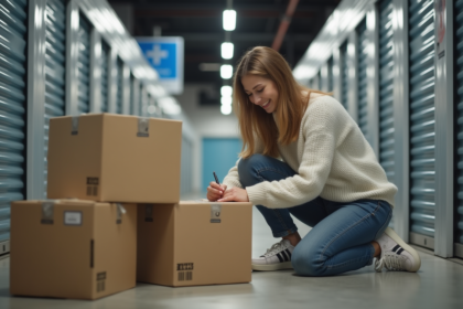 Jeune femme organisant des cartons dans un centre de stockage