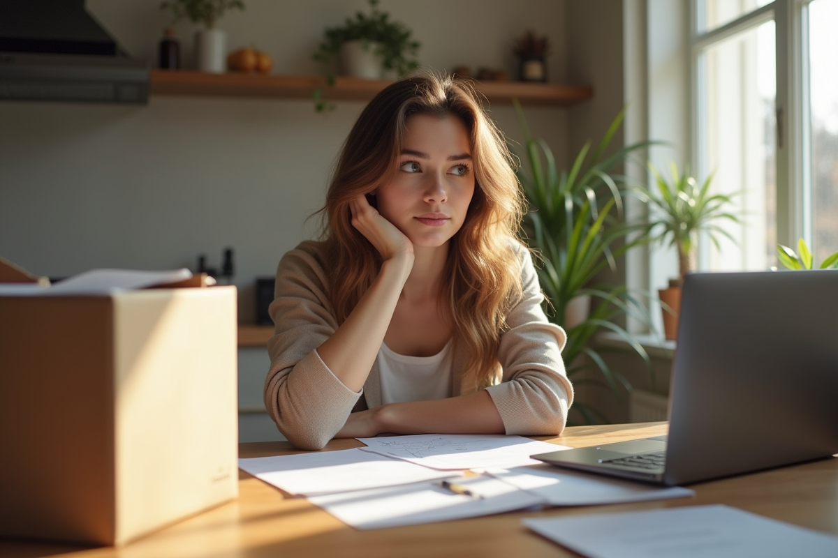 Jeune femme réfléchie avec liste de déménagement et carton
