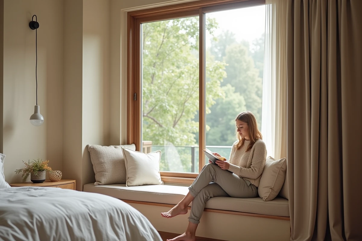 Femme arrangeant des oreillers dans un coin lecture