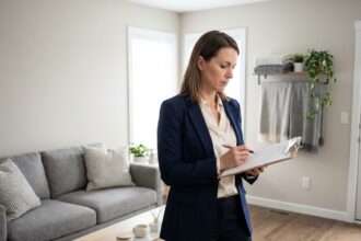 Femme en tenue casual vérifiant une checklist dans un salon moderne