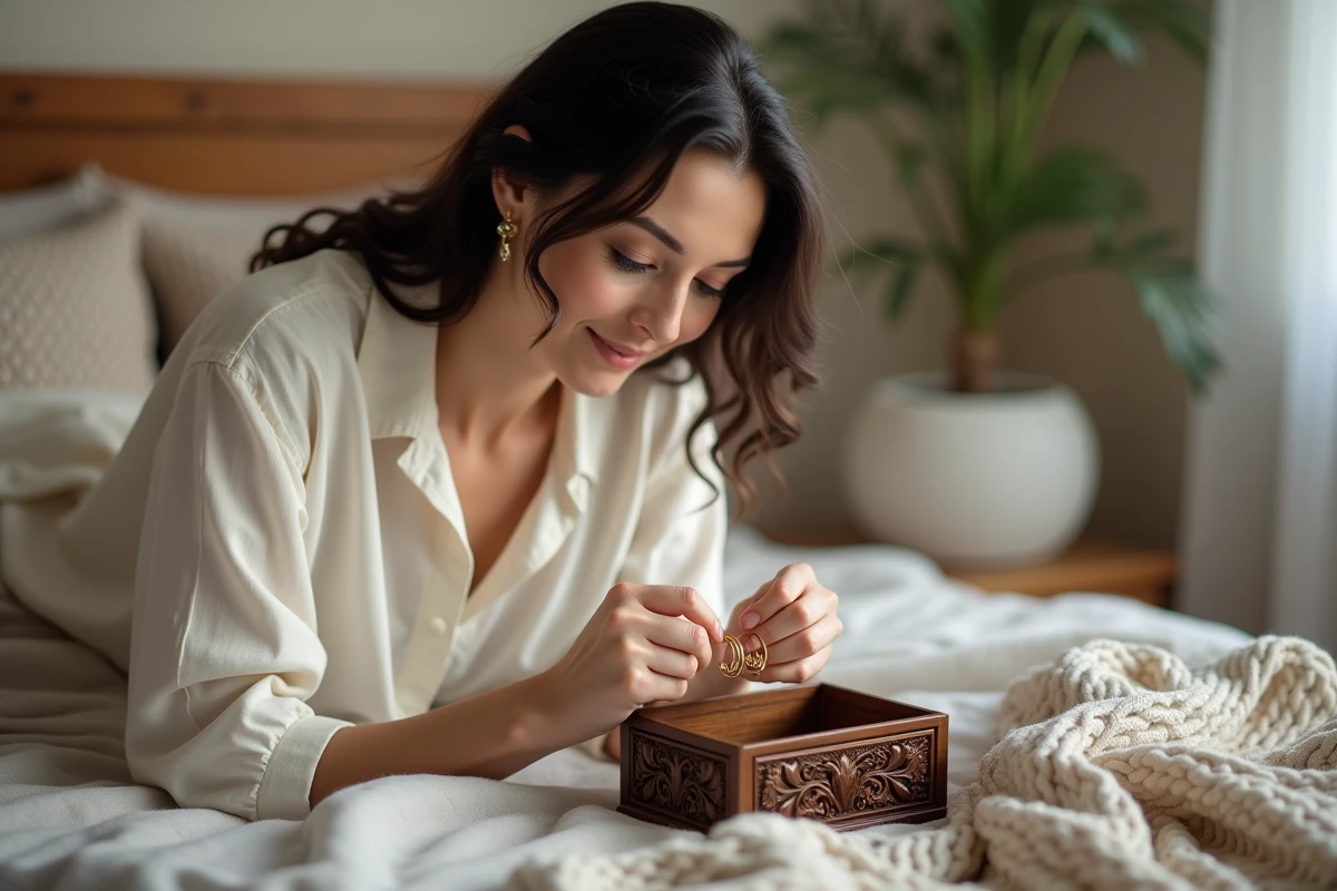 Femme rangeant des boucles d'oreilles en or dans une boîte à bijoux vintage sculptée sur une table de chevet