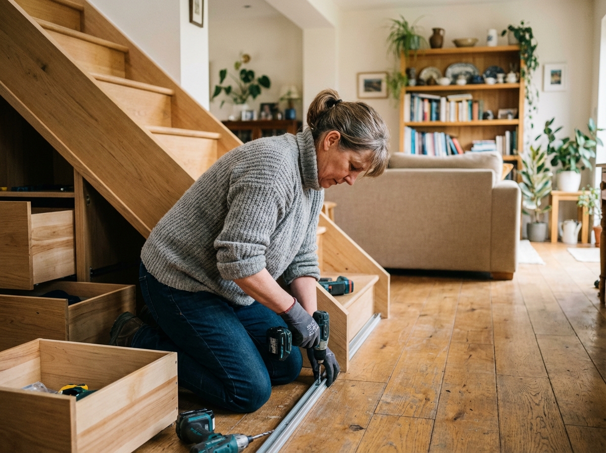 Femme installant tiroirs sous un escalier moderne dans un salon cosy