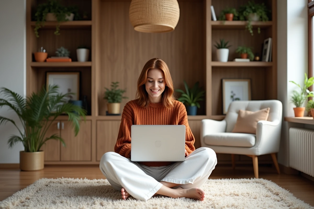 Femme assise sur un tapis bouclé consultant un site de décoration intérieure pour relooker son intérieur avec des meubles Sklum