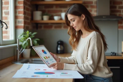 Femme en cuisine avec plans et tablette pour renovation