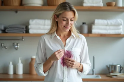 Femme examinant une tache sur sa chemise blanche