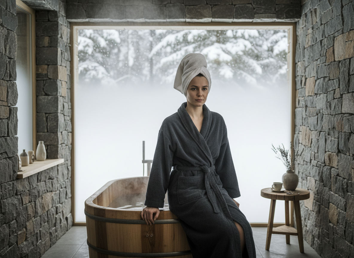 Femme en robe sombre dans un bain en bois intérieur