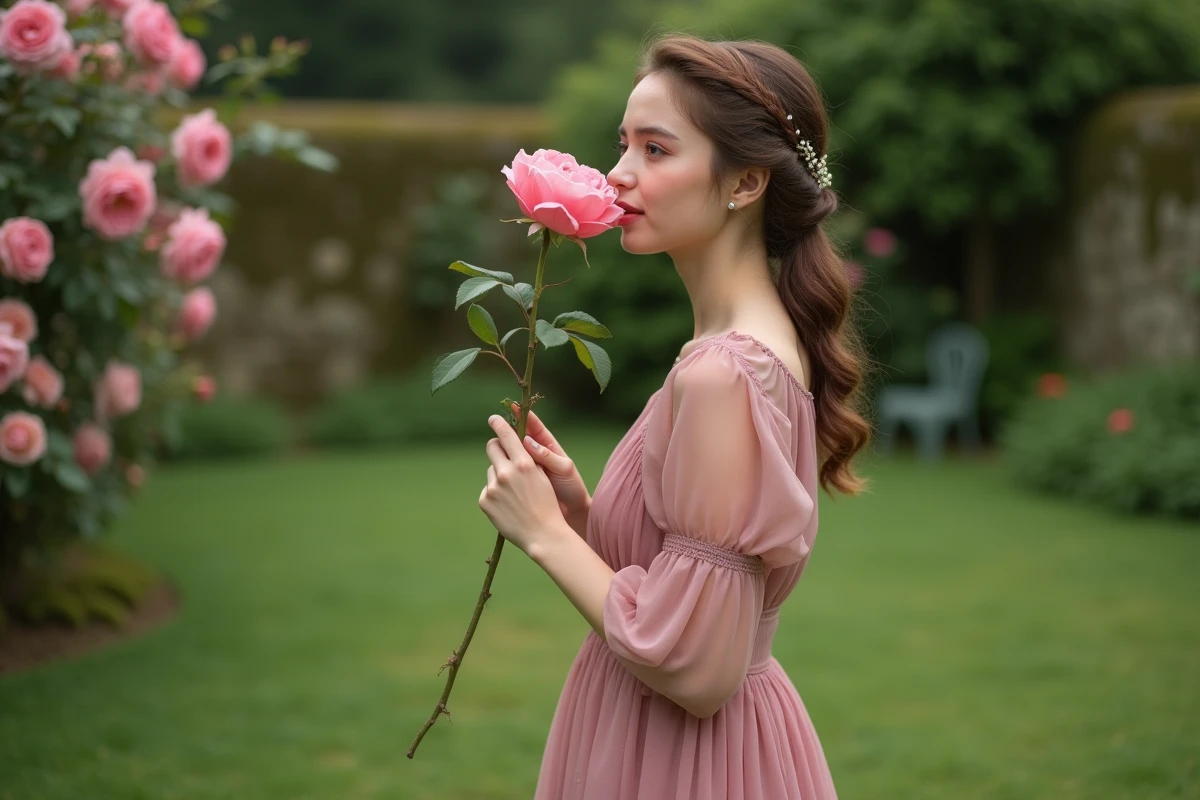 Jeune femme en robe rose tenant une rose dans un jardin fleuri, ambiance féerique Belle et la Bête