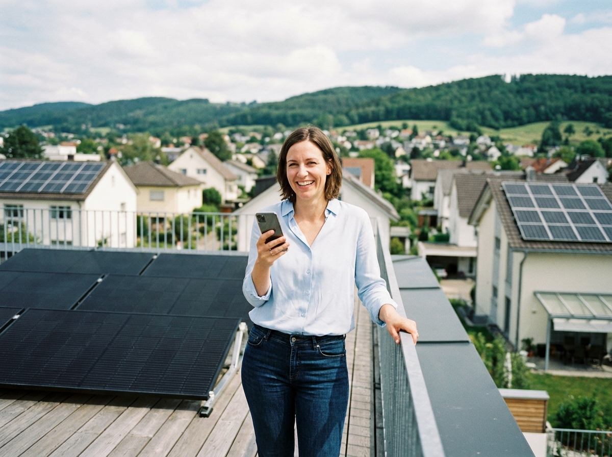 Femme souriante sur un toit avec panneaux solaires modernes