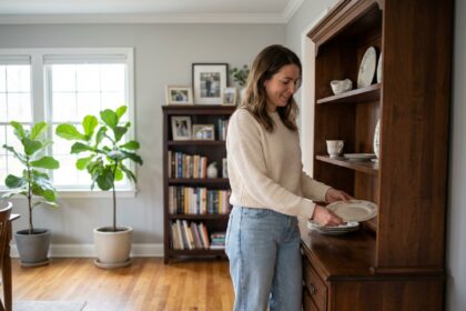 Femme arrangeant de la vaisselle dans une salle à manger chaleureuse