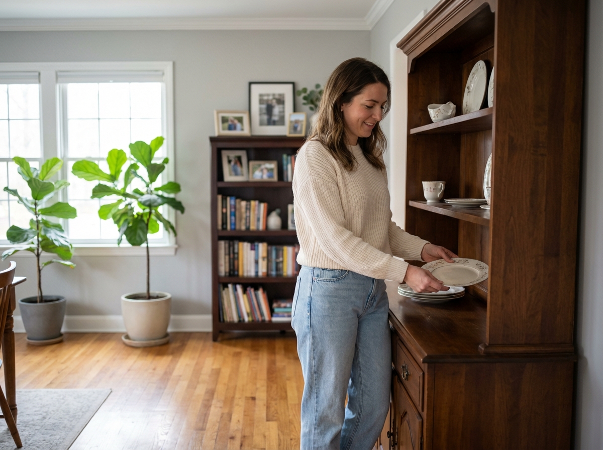 Femme arrangeant de la vaisselle dans une salle à manger chaleureuse