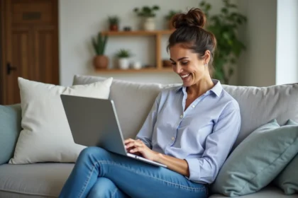 Femme assise sur un canapé moderne planifiant un nettoyage
