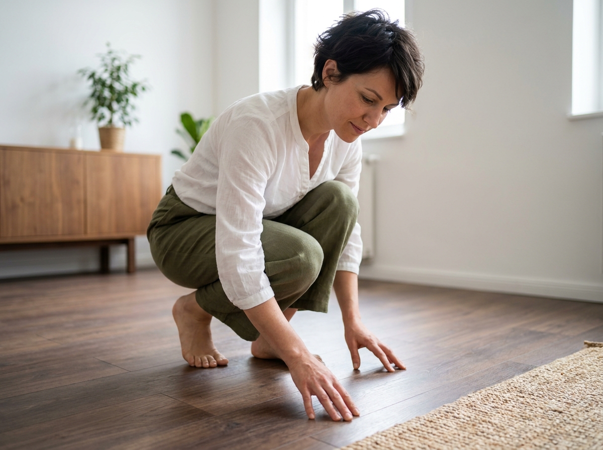 Femme examinant un sol effet bois noyer dans un salon scandinave minimaliste