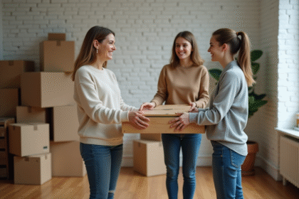 Femme souriante donnant une petite table en bois à un couple dans un appartement
