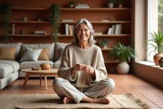 Femme d'âge moyen tricotant dans un salon lumineux