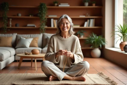 Femme d'âge moyen tricotant dans un salon lumineux