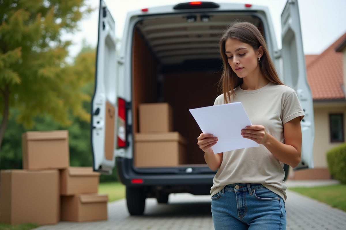 Jeune femme vérifiant une liste devant un camion de déménagement