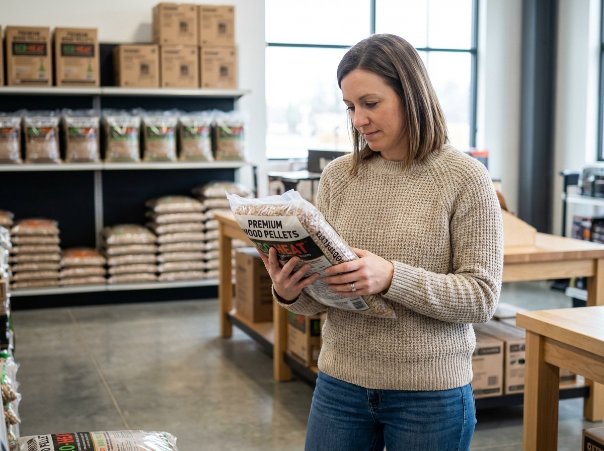 Femme examinant un sac de pellets de bois en magasin