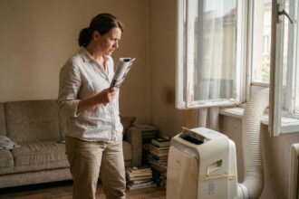 Femme d'âge mûr regardant une vieille climatisation portable dans un appartement, illustrant les limites des clims portables
