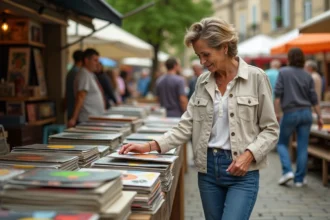 Femme examinant des vinyles vintage au marché en LoireAtlantique