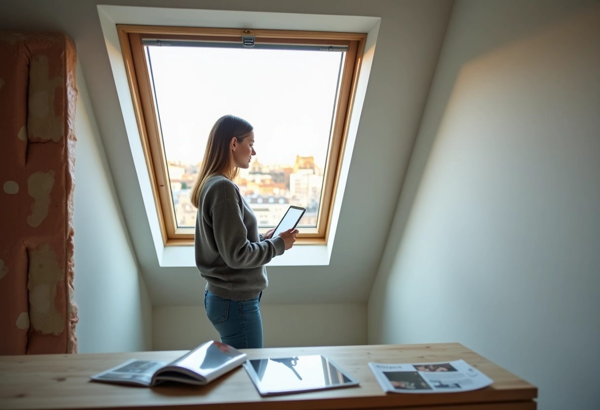 Femme regardant par une fenetre de toit dans une piece renovée