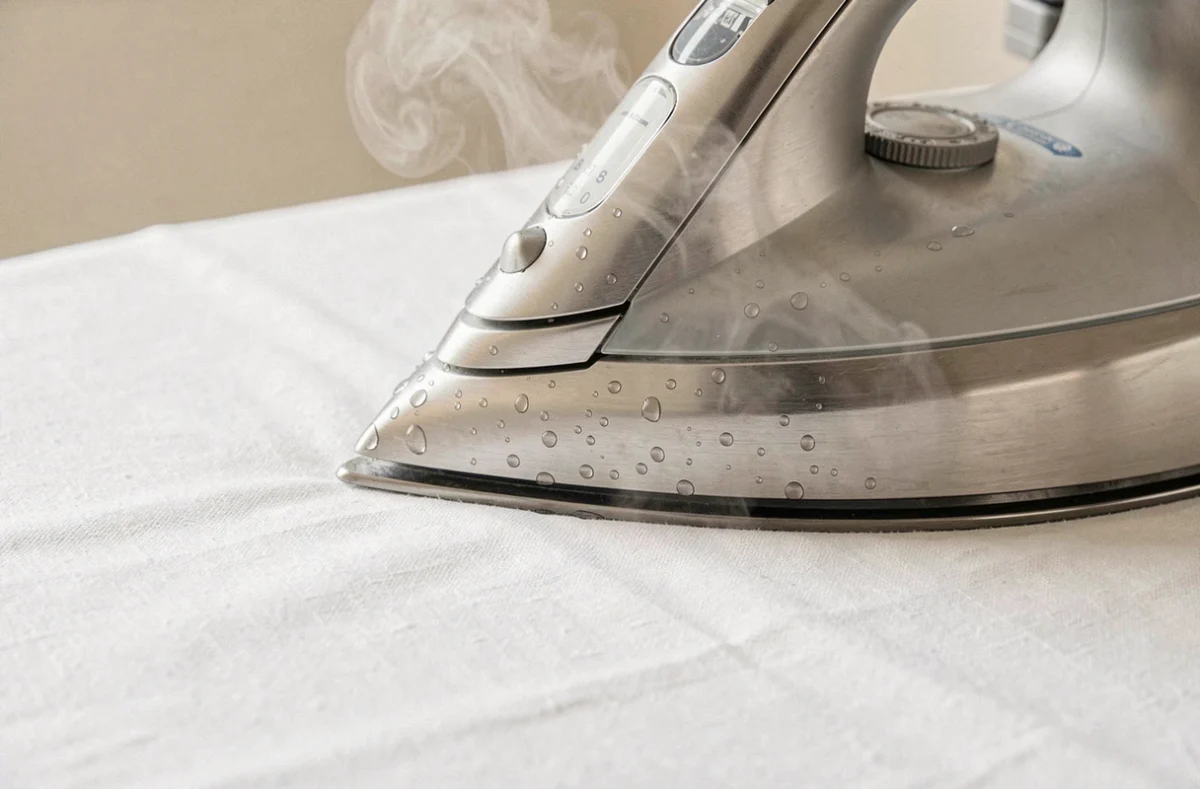 Gros plan d'un fer à vapeur repassant un drap blanc avec de la vapeur visible