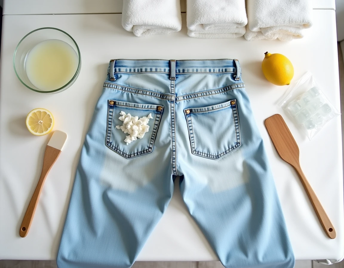 Vue de dessus d'un jean clair posé à plat avec des ingrédients naturels pour enlever le chewing gum, incluant citron, glaçons et eau savonneuse