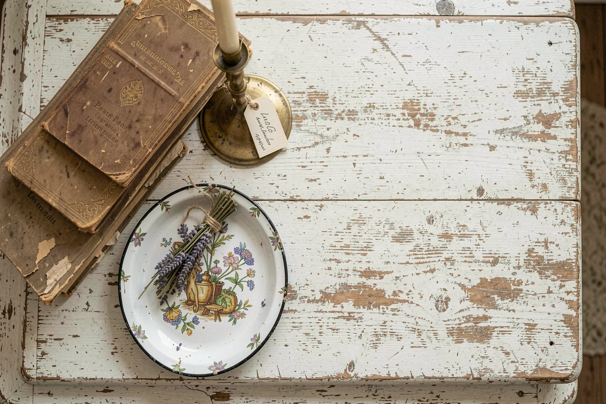 Flat lay d'objets chinés sur un marché de l'Ain disposés pour la revente ou la décoration upcyclée
