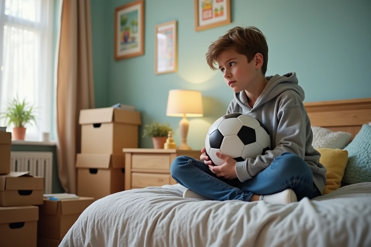 Garçon de 12 ans assis sur son lit avec un ballon de football