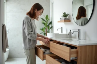Meuble de salle de bain moderne avec vasque intégrée et rangement optimisé